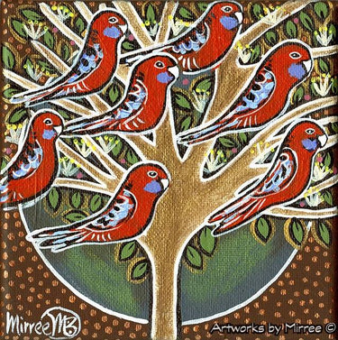 AUSTRALIAN CRIMSON ROSELLAS IN TREE Framed Canvas Print by Mirree Contemporary Aboriginal Art